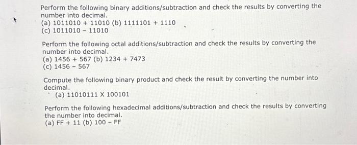 Solved Perform The Following Binary Additions/subtraction | Chegg.com