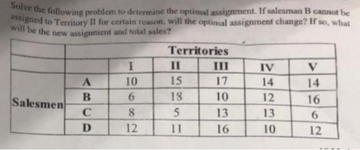 solve the following assignment problem to maximize the sales