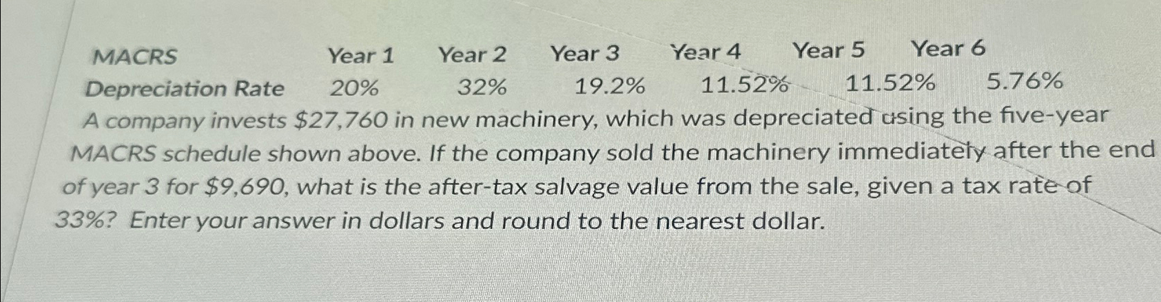 Solved \table[[MACRS,Year 1,Year 2,Year 3,Year 4,Year 5,Year | Chegg.com