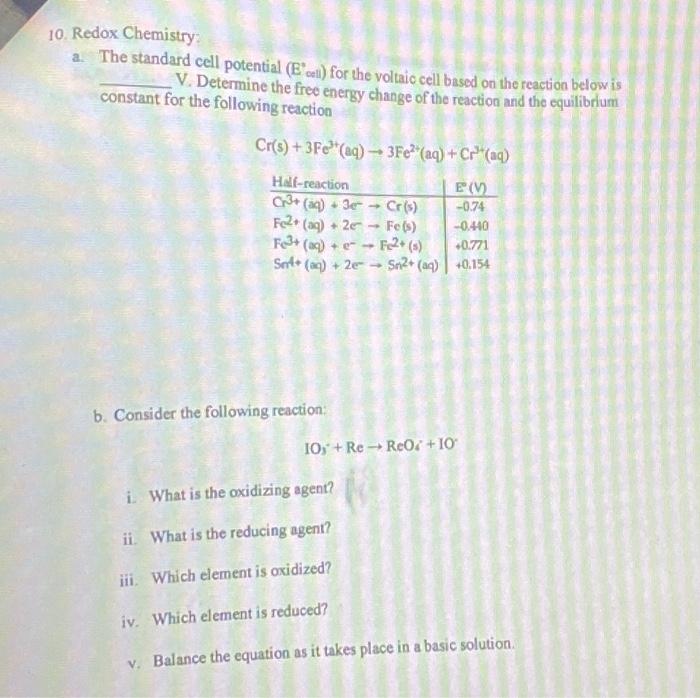 Solved 0. Redox Chemistry: a. The standard cell potential ( | Chegg.com