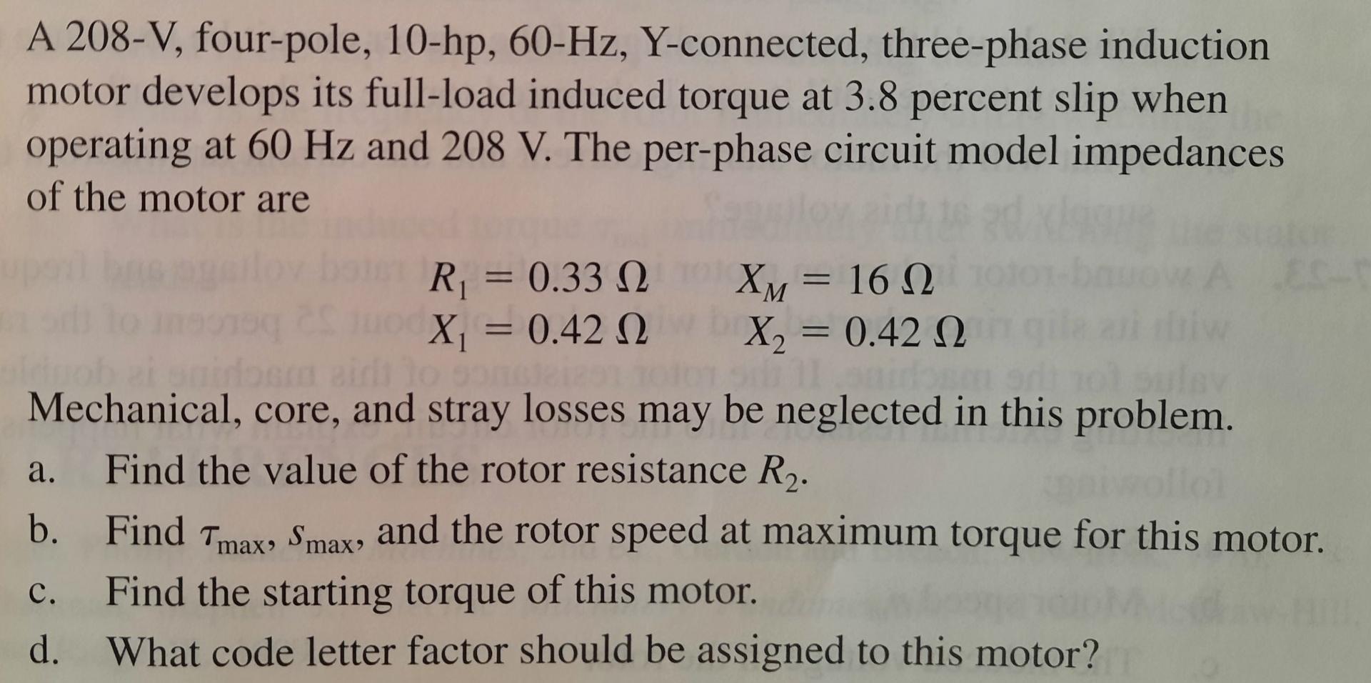 Solved A 208-V, four-pole, 10-hp, 60-Hz, Y-connected, | Chegg.com
