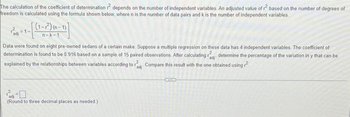 Solved The Calculation Of The Coefficient Of Determination | Chegg.com