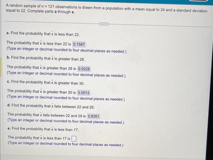 Solved A random sample of n=121 observations is drawn from a | Chegg.com