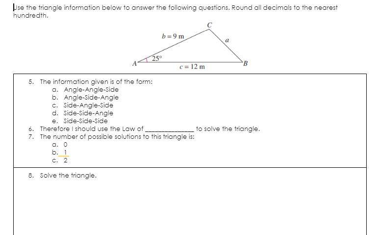 Solved PLESSE SHOW YOUR WORKUse the triangle information | Chegg.com