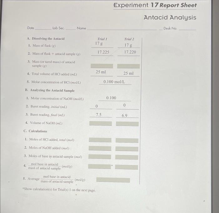 Solved Experiment 17 Report Sheet Antacid Analysis Date Lab