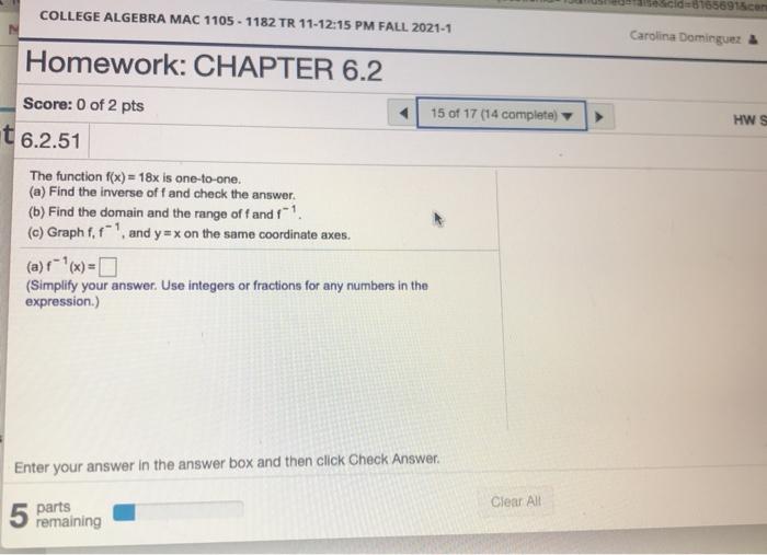 Solved 61656915 COLLEGE ALGEBRA MAC 1105 - 1182 TR 11-12:15 | Chegg.com