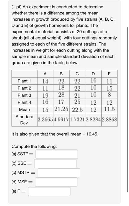 Solved (1 pt) An experiment is conducted to determine | Chegg.com