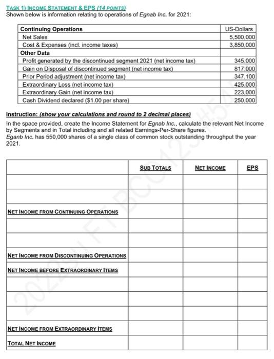 Solved TASK 1) INCOME STATEMENT \& EPS (14 PONTS) Shown | Chegg.com