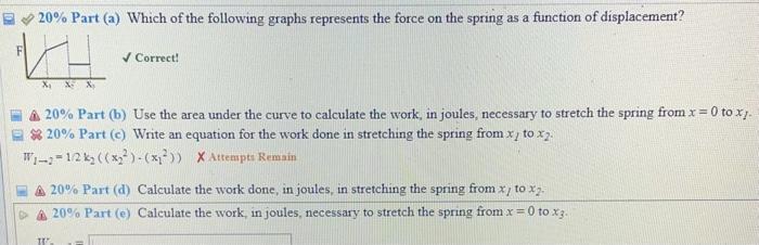 \( 20 \% \) Part (a) Which of the following graphs represents the force on the spring as a function of displacement?
\( \chec