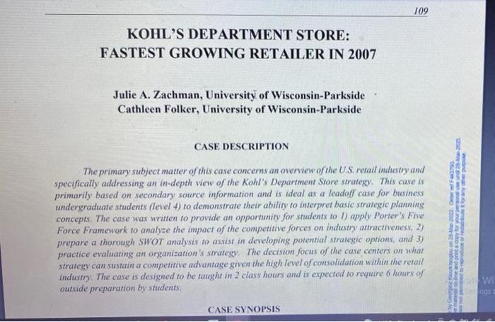 Solved 109 KOHL'S DEPARTMENT STORE: FASTEST GROWING RETAILER | Chegg.com