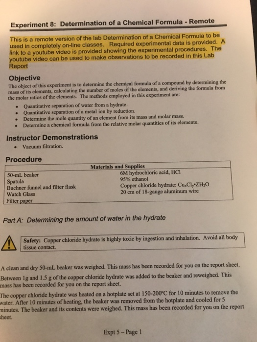 Experiment 8 Determination Of A Chemical Formula Chegg 