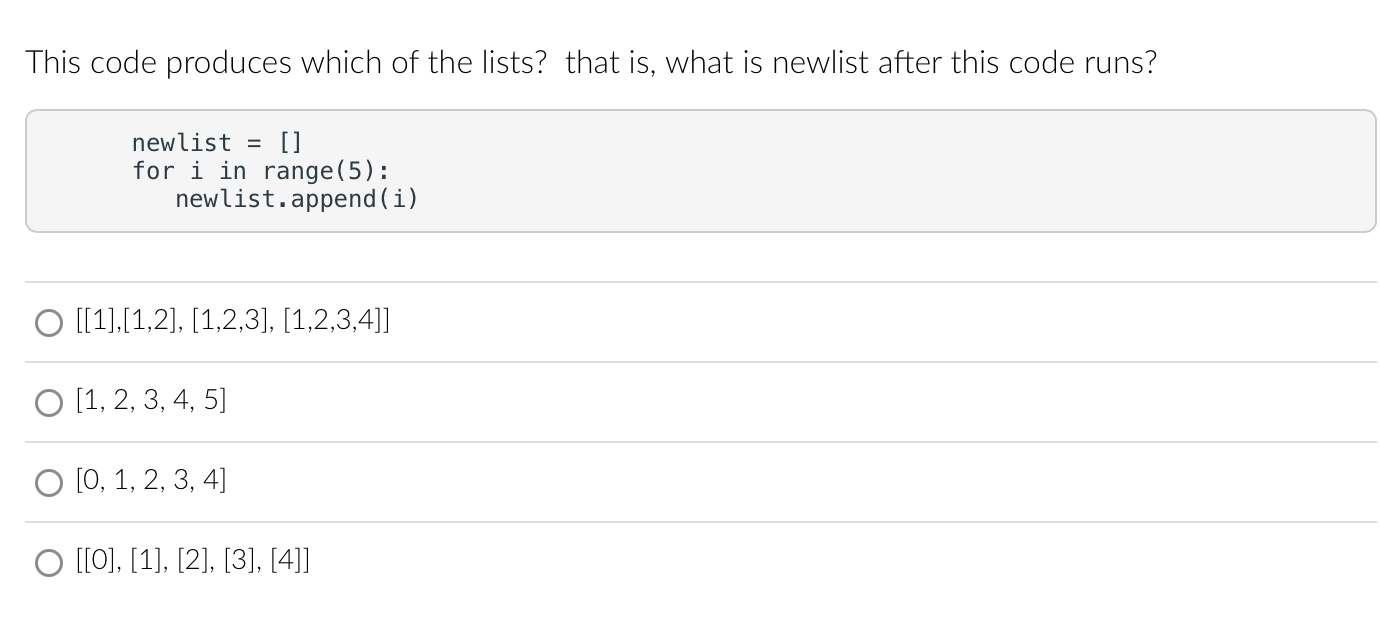 Solved This code produces which of the lists? that is, ﻿what | Chegg.com