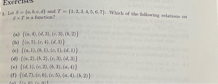Solved b through f pleaseExerc 1. Let S = {a,b,c,d) and T = | Chegg.com