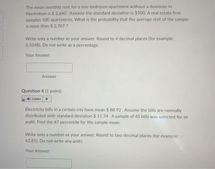 Solved The mean monthly rent for a onebedroom apartment