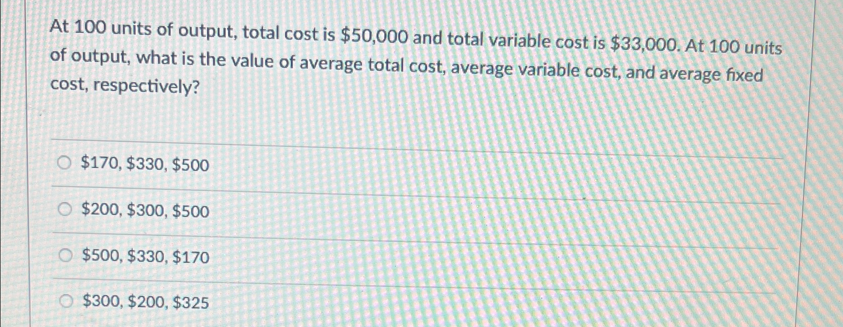 Solved At 100 ﻿units of output, total cost is $50,000 ﻿and | Chegg.com