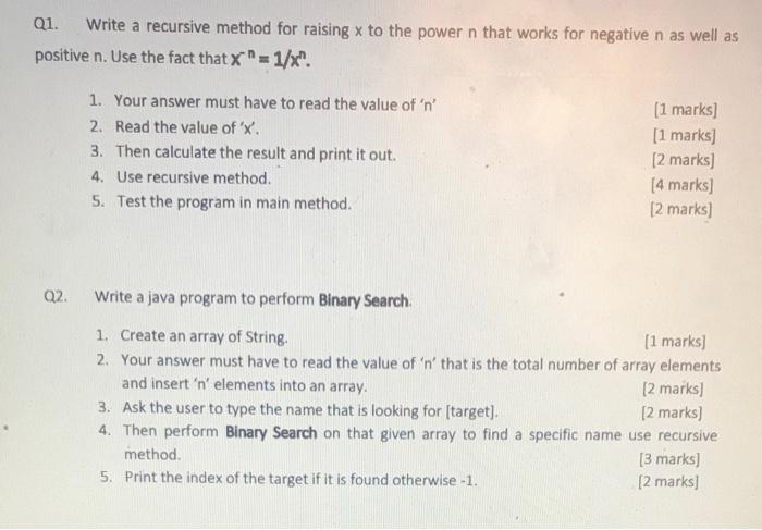 Solved Q1. Write a recursive method for raising x to the | Chegg.com
