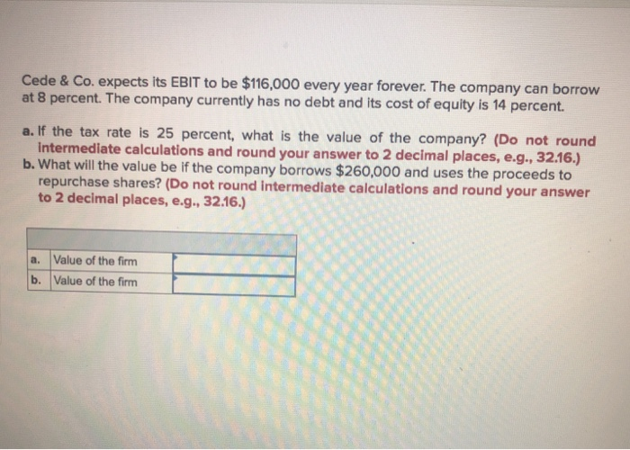 Solved Cede & Co. expects its EBIT to be 116,000 every year