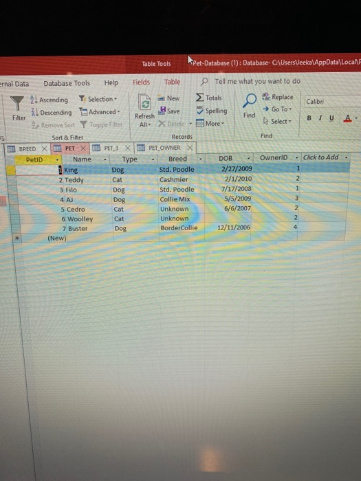 Solved Table Tools PetDatabase (1) Database Find External