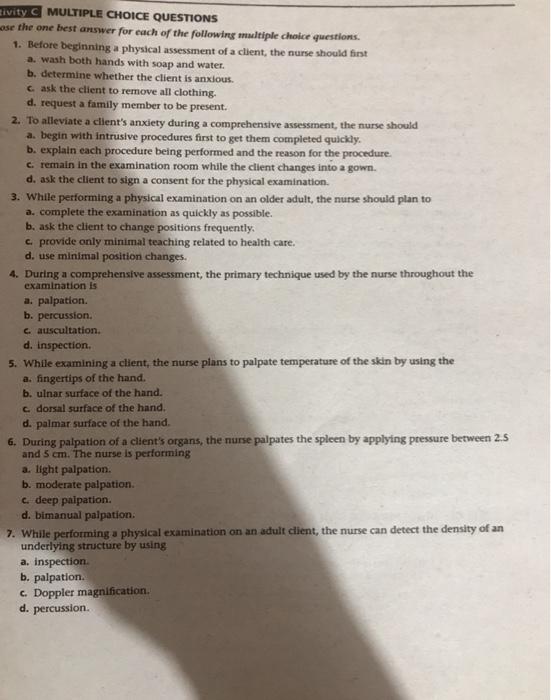 Eivity C MULTIPLE CHOICE QUESTIONS ose the one best answer for each of the following multiple choice questions 1. Before begi