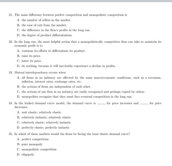 Solved 31. The main difference between perfect competition | Chegg.com