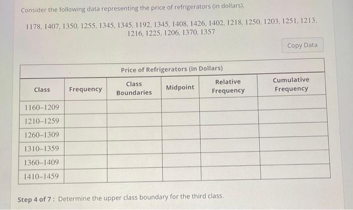 Solved Consider the following data representing the price of | Chegg.com