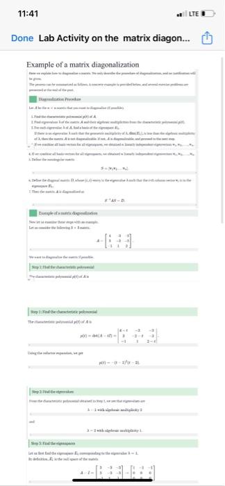 Solved Done Lab Activity on the matrix diagon... Example of | Chegg.com