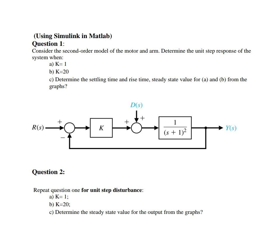 Solved (Using Simulink in Matlab) Question 1: Consider the | Chegg.com