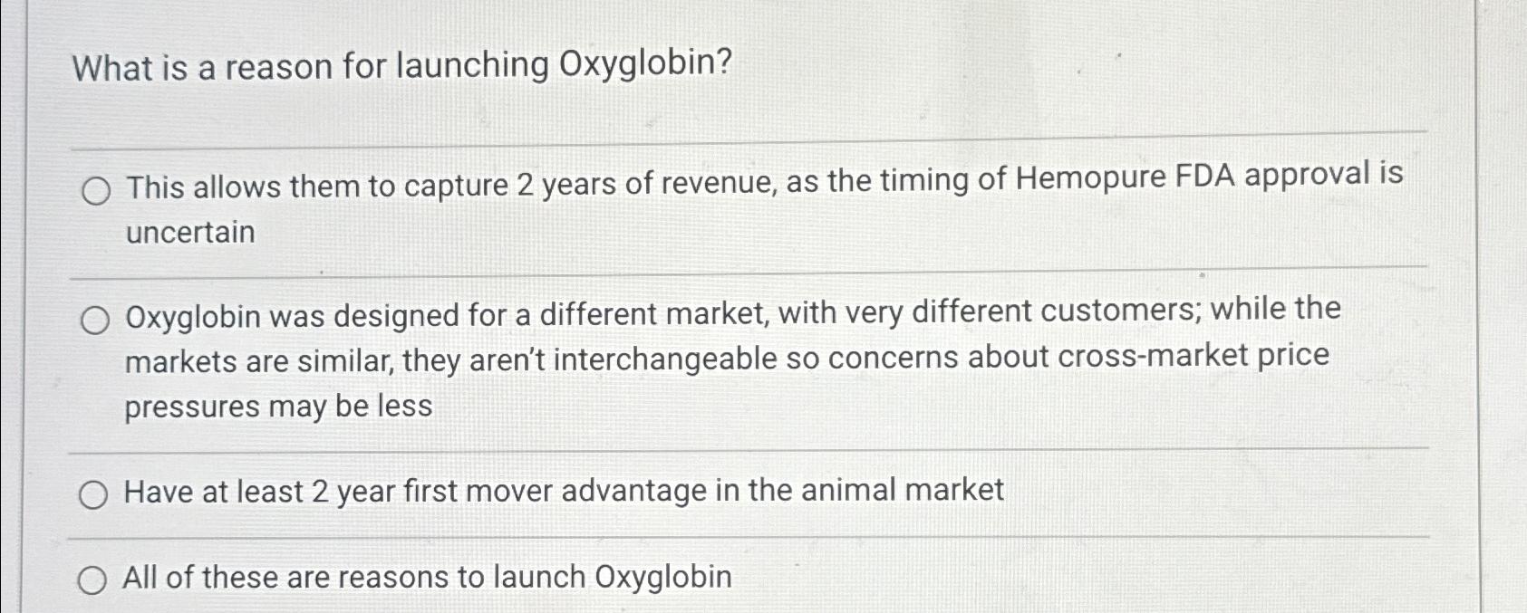 Solved What is a reason for launching Oxyglobin?This allows