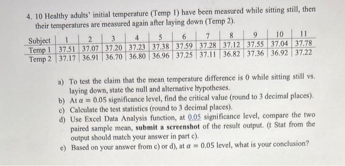 Solved 4. 10 Healthy adults' initial temperature (Temp 1) | Chegg.com