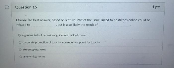 Solved Question 15 1 pts Choose the best answer, based on | Chegg.com