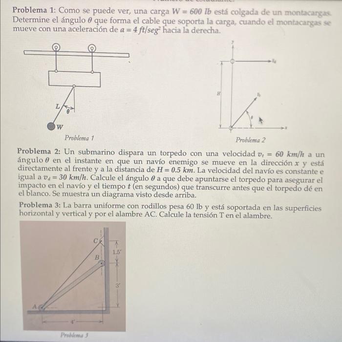 Problema 1: Como se puede ver, una carga \( W=600 \mathrm{lb} \) está colgada de un montacargas Determine el ángulo \( \theta