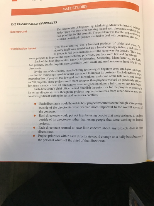 Solved CASE STUDIES THE PRIORITIZATION OF PROJECTS The | Chegg.com