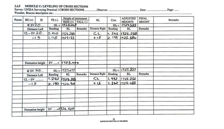 Cross Section Leveling Problems Solved 23 MODULE C: LEVELING OF CROSS SECTIONS Survey: UNISA | Chegg.com