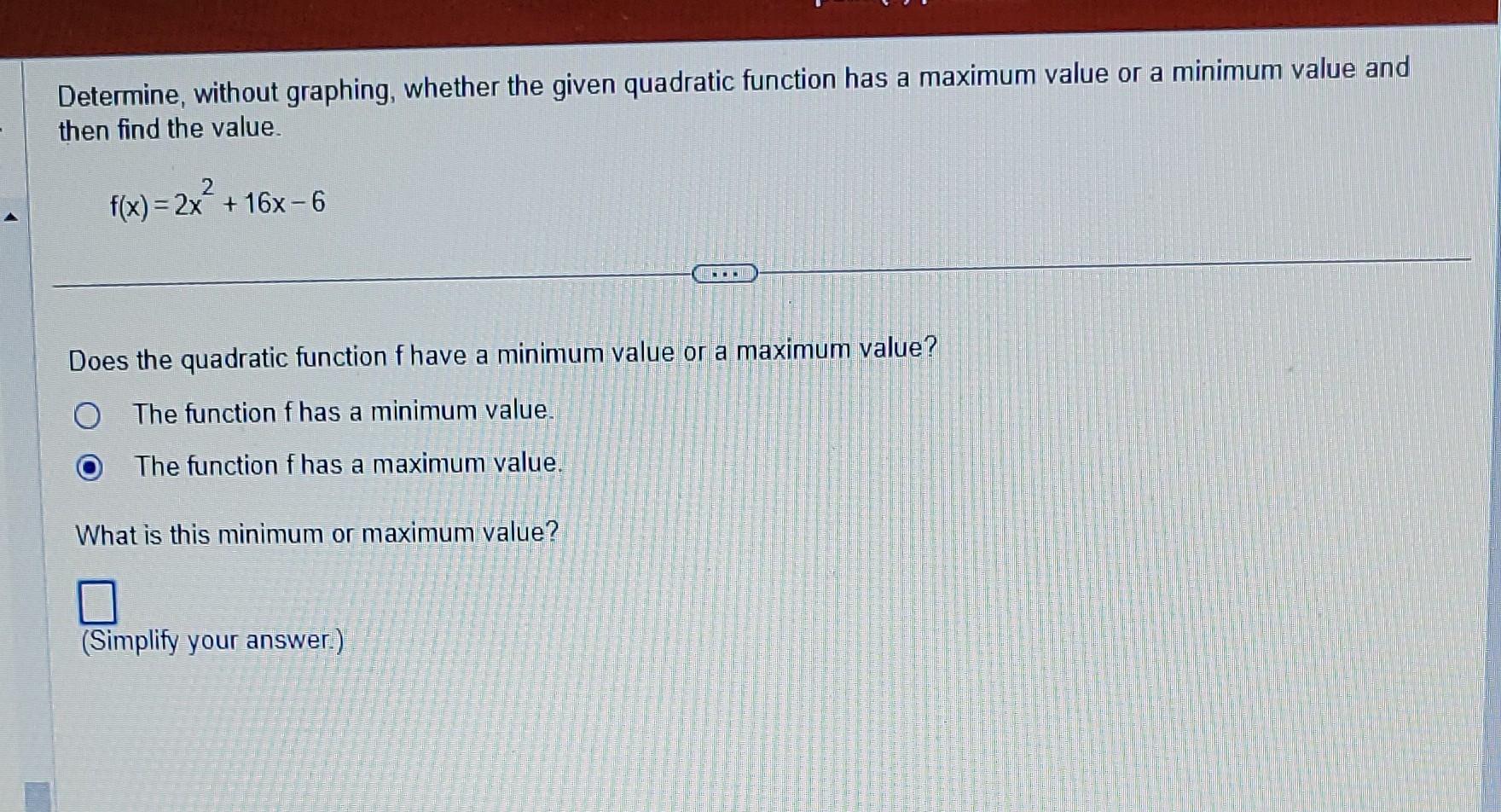 how to find the maximum of a quadratic function without graphing