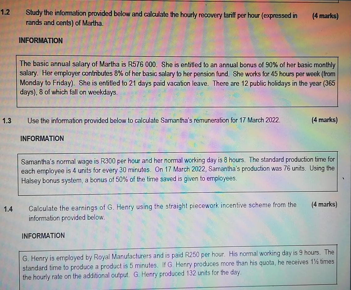 Solved 1.2 1.3 1.4 Study the information provided below and | Chegg.com