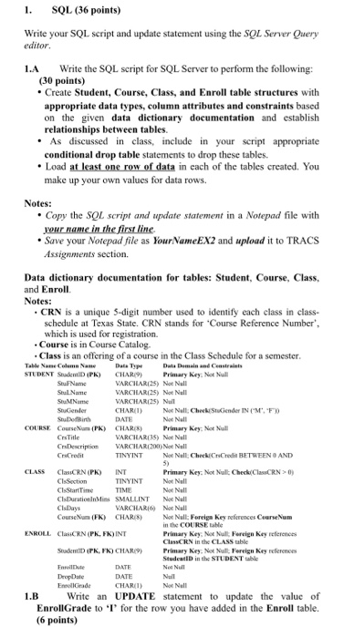 Solved 1. SQL (36 points) Write your SQL script and update | Chegg.com