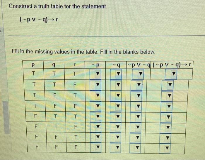 Solved Construct A Truth Table For The Statement ∼p∨∼q→r 3635