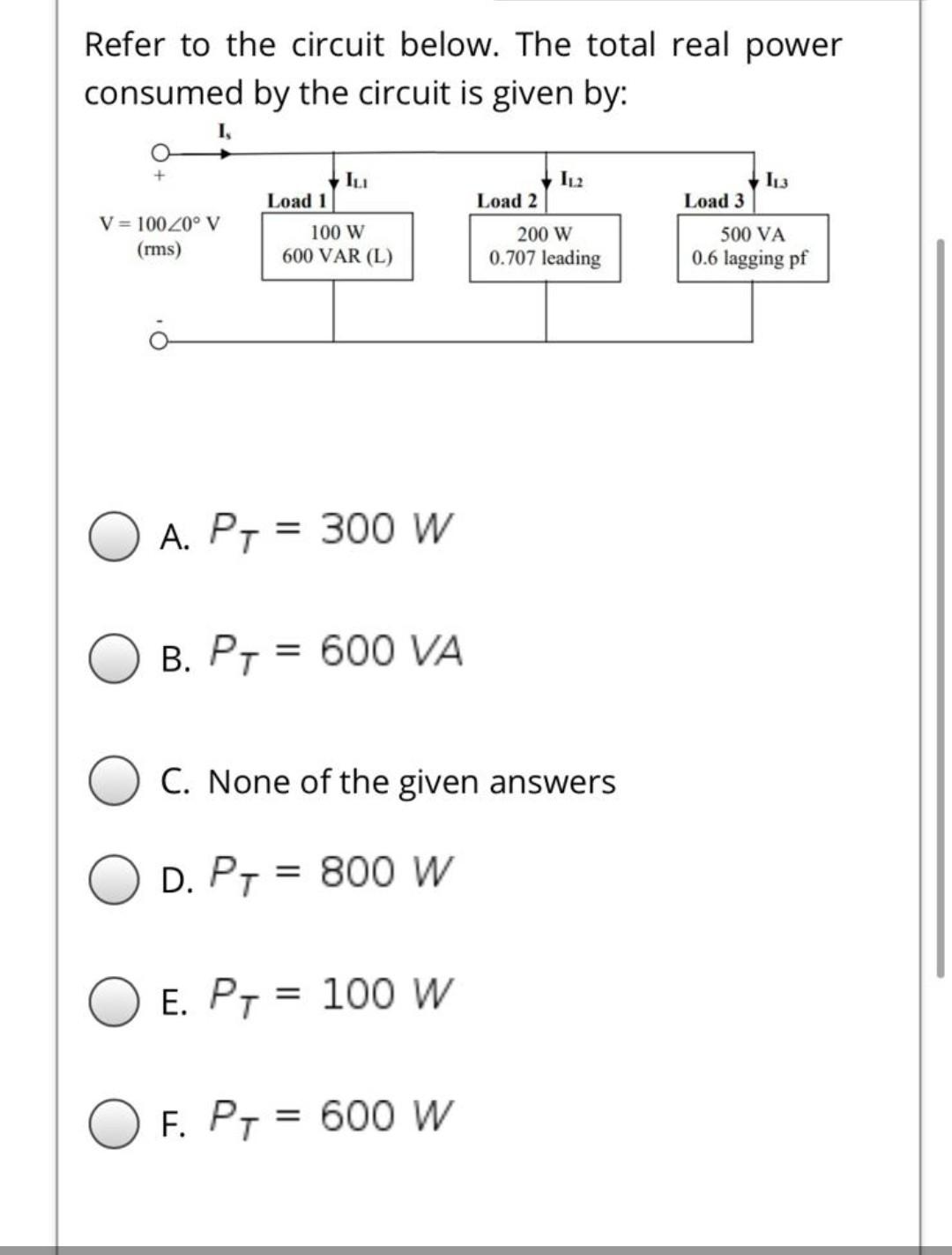 Solved Refer To The Circuit Below The Total Real Power C Chegg Com