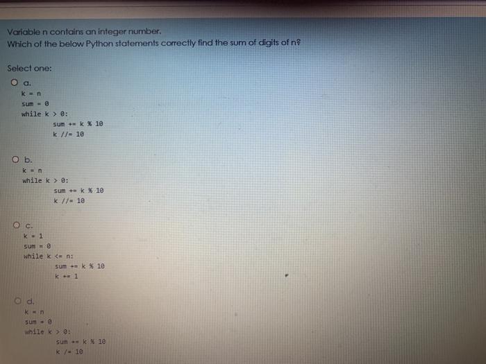 Solved Variable n contains an integer number. Which of the | Chegg.com