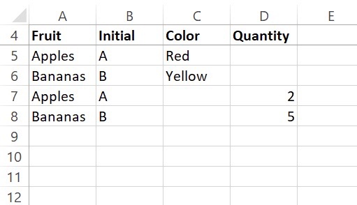 D Quantity A B 4 Fruit Initial 5 Apples A 6 Bananas B 7 Apples A 8 Bananas B C Color Red Yellow
