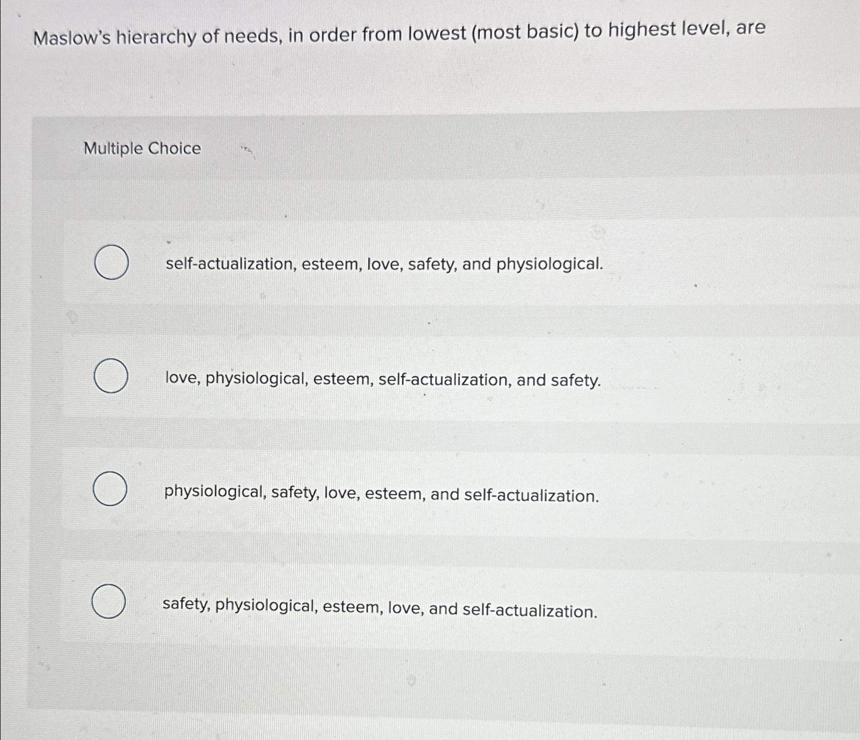 Solved Maslow's hierarchy of needs, in order from lowest | Chegg.com