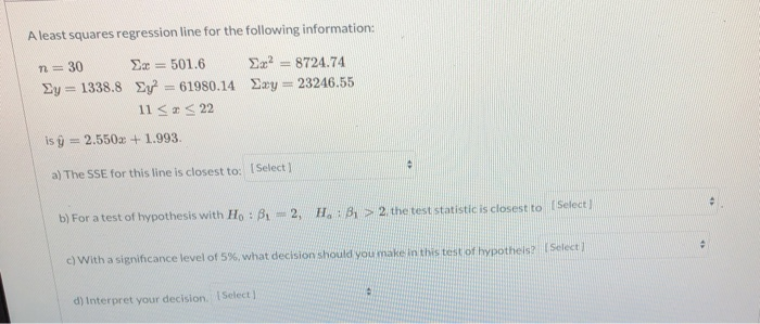 Solved A least squares regression line for the following | Chegg.com