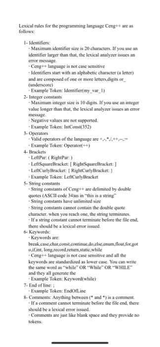 Lexical rules for the programming language Cengt+are | Chegg.com