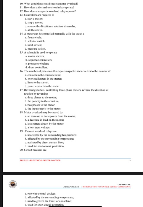 Solved 10 What Conditions Could Cause A Motor Overload