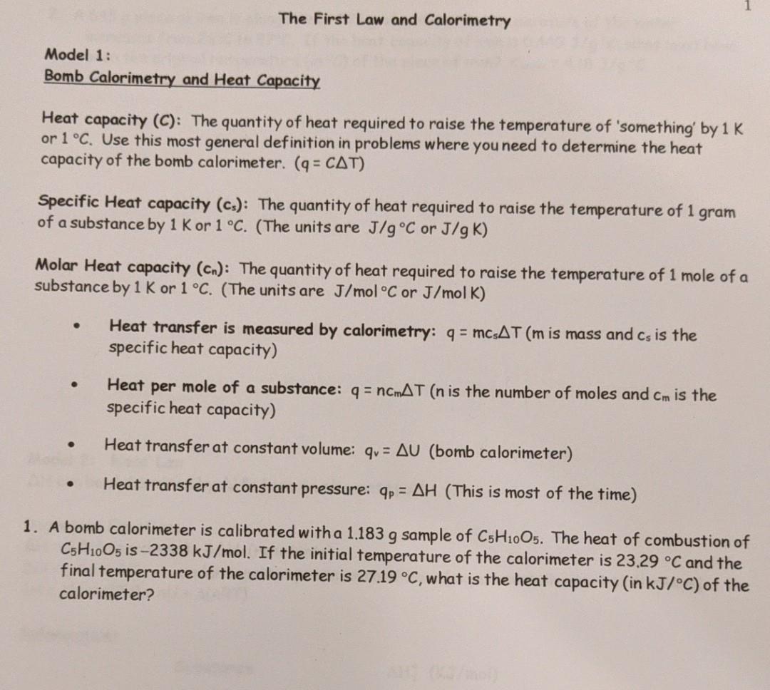 Solved The First Law and Calorimetry Model 1 Bomb