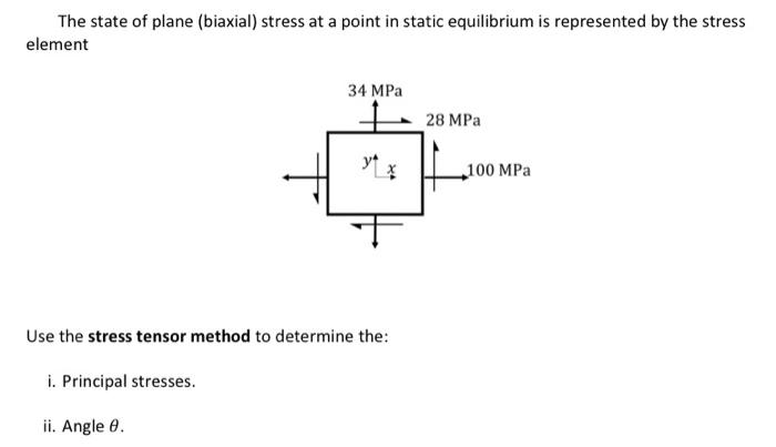 The state of plane (biaxial) stress at a point in static equilibrium is represented by the stress element
Use the stress tens