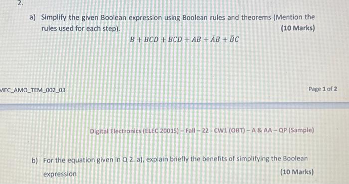 Solved a) Simplify the given Boolean expression using | Chegg.com