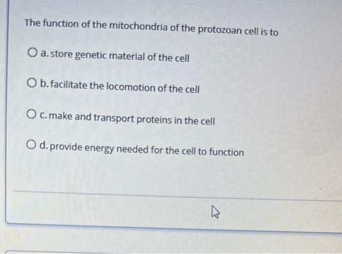 Solved The function of the mitochondria of the protozoan