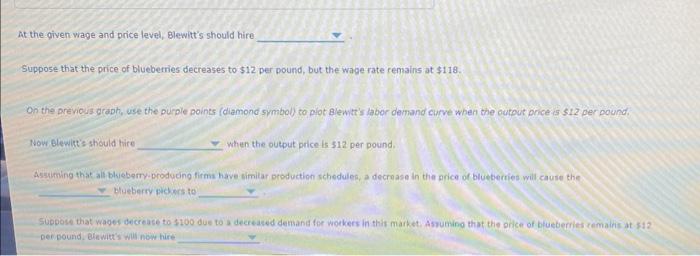 At the given wape and price level, Blewitts should hire
Suppose that the price of bluebernies decreases to \( \$ 12 \) per p