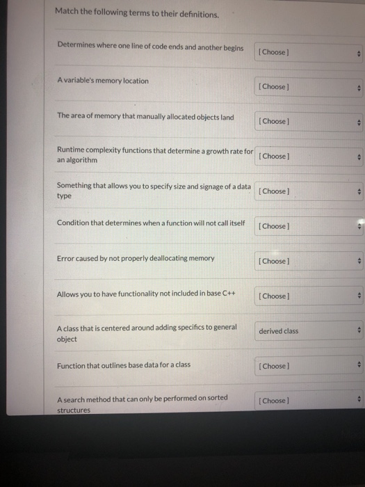 Solved Match the following terms to their definitions. | Chegg.com